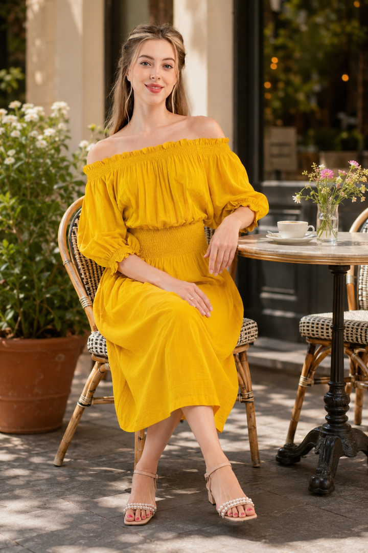 Off-Shoulder Crinkle Midi Dress – Marigold