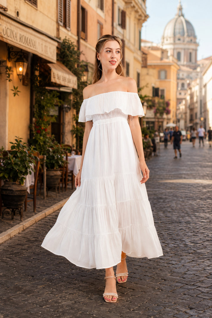 Bianca White Off-Shoulder Tiered Maxi Dress