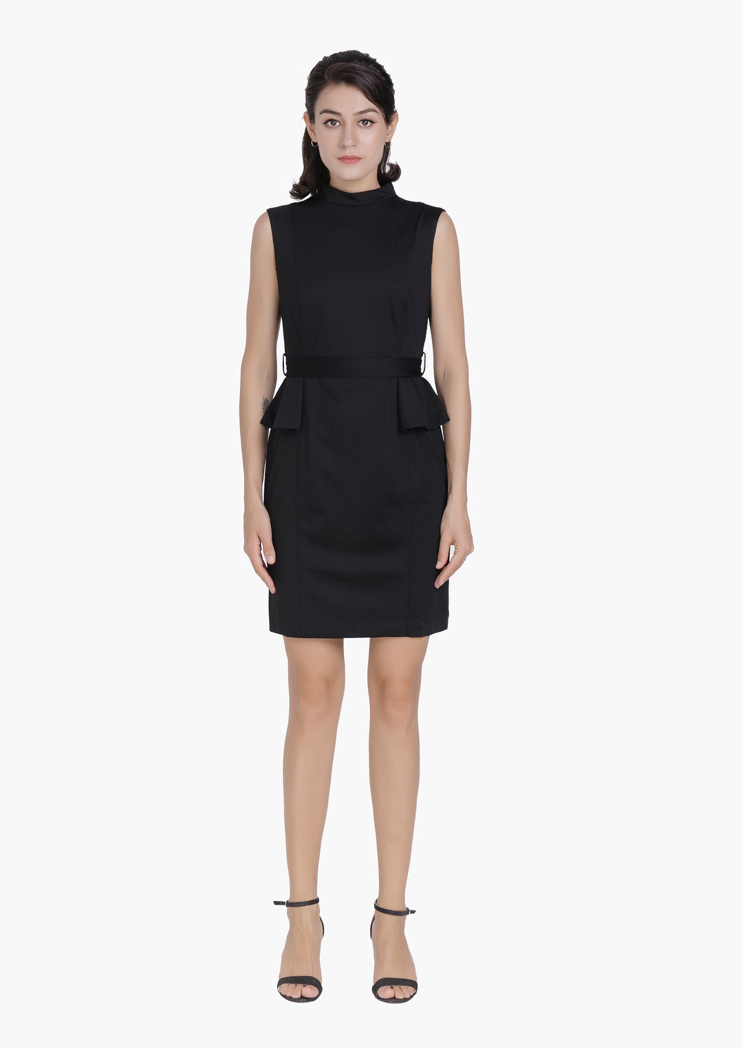 Mock neck Peplum Sleeveless Dress-Black color