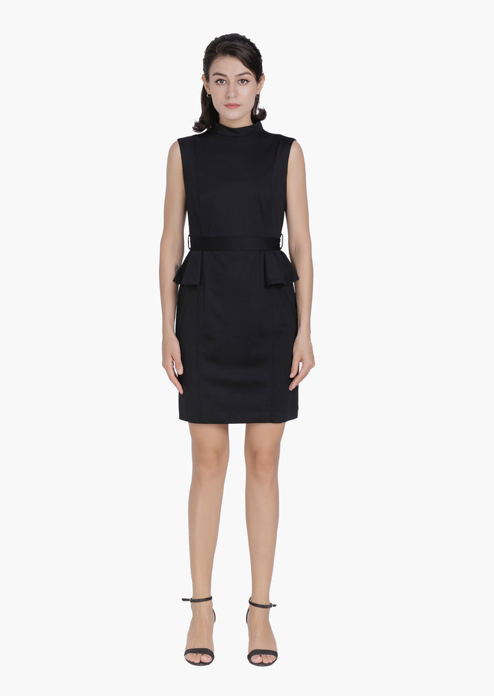 Mock neck Peplum Sleeveless Dress-Black color