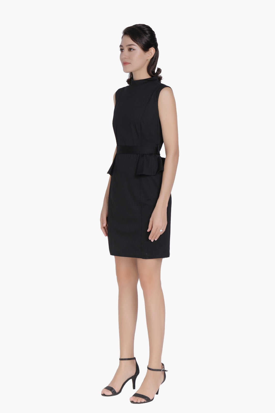 Mock neck Peplum Sleeveless Dress-Black color