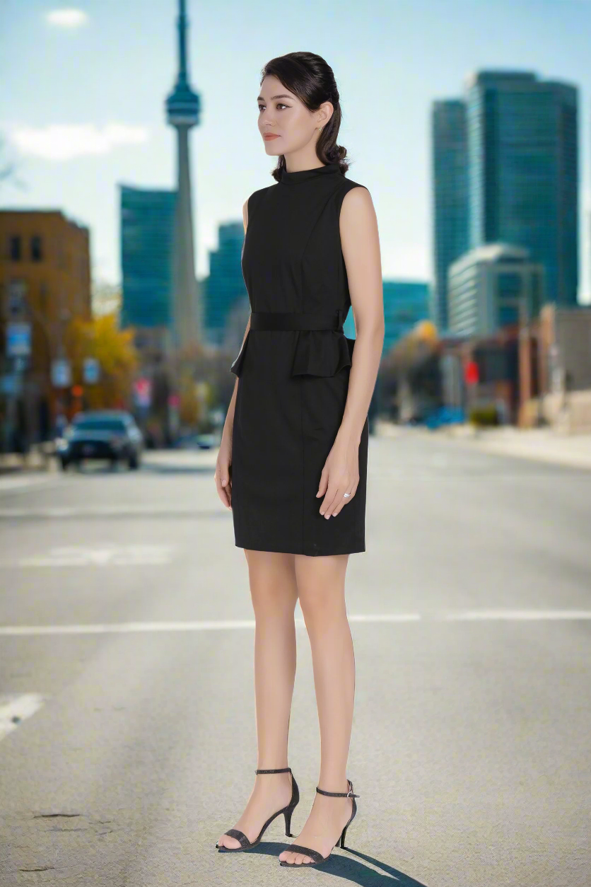 Mock neck Peplum Sleeveless Dress-Black color