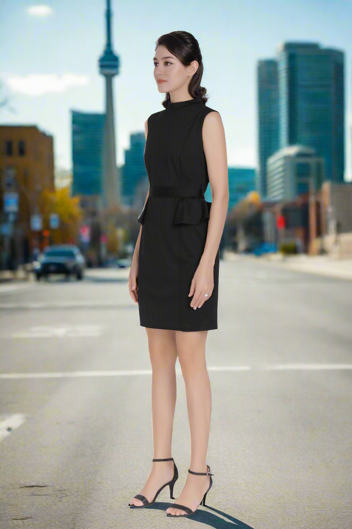 Mock neck Peplum Sleeveless Dress-Black color