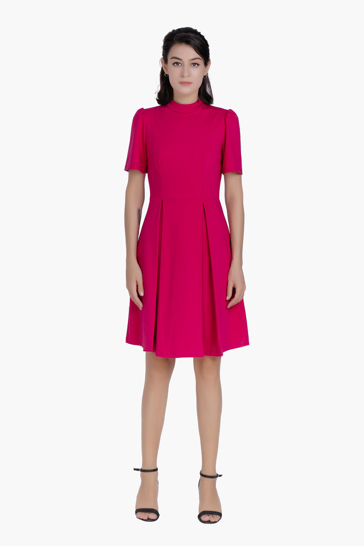 Elara Fuchsia Mock Neck Pleated Fit &amp; Flare Dress