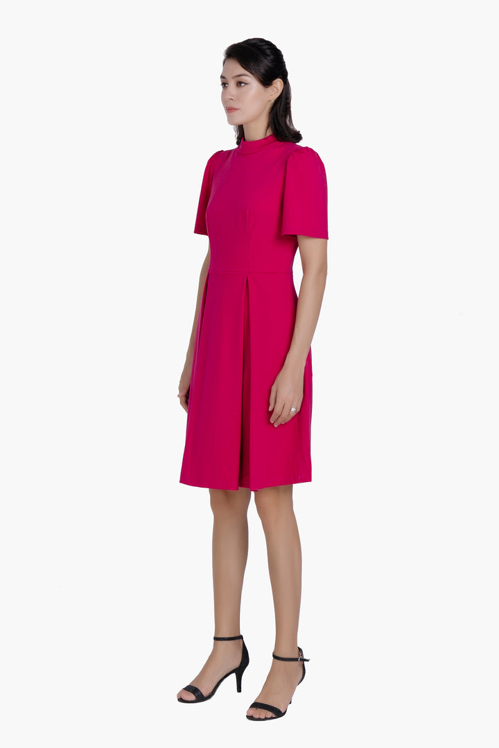 Elara Fuchsia Mock Neck Pleated Fit &amp; Flare Dress