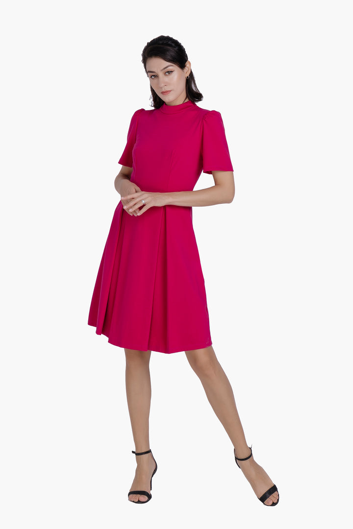 Elara Fuchsia Mock Neck Pleated Fit &amp; Flare Dress