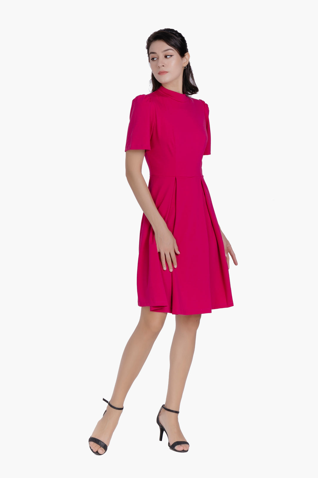 Elara Fuchsia Mock Neck Pleated Fit &amp; Flare Dress