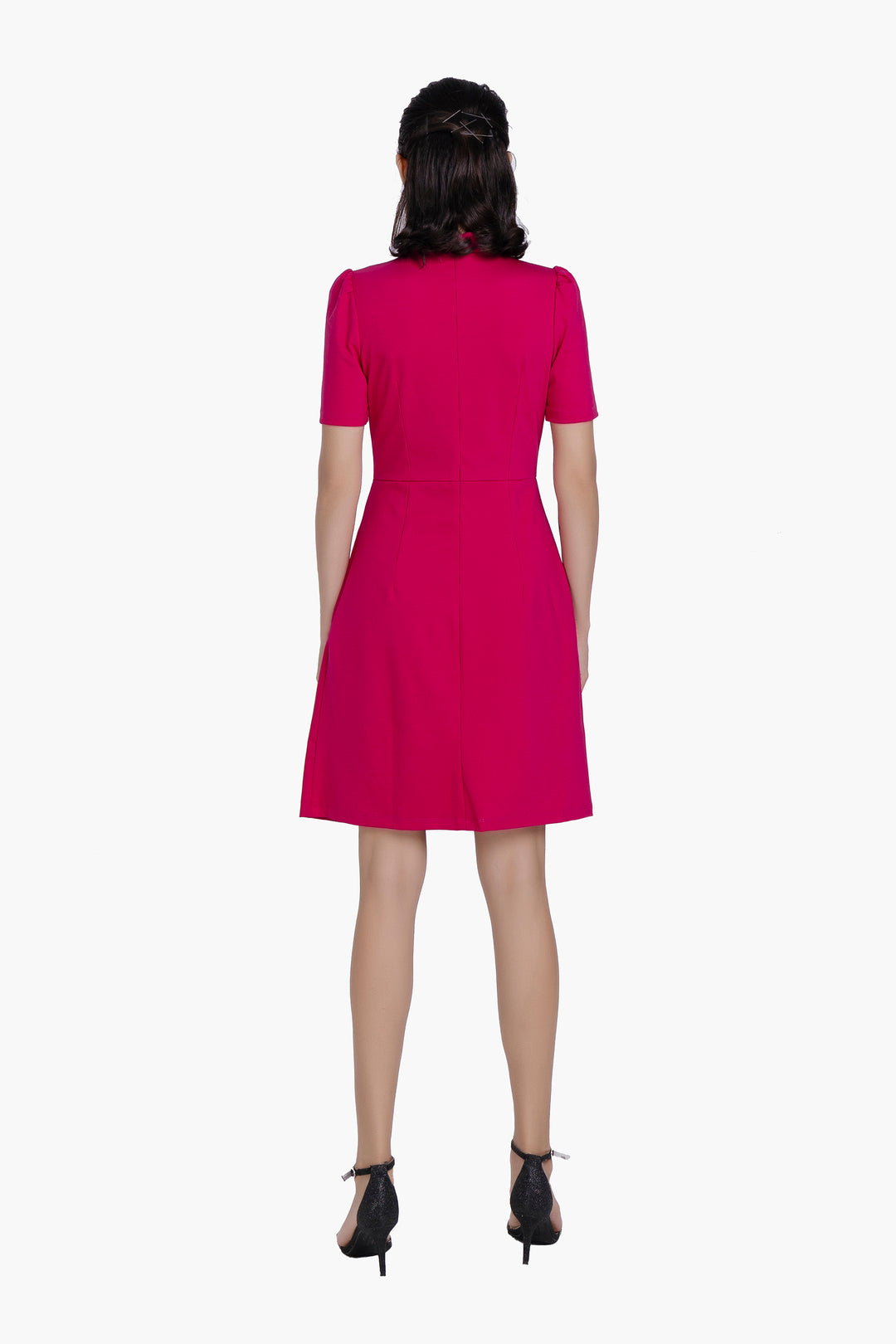 Elara Fuchsia Mock Neck Pleated Fit &amp; Flare Dress
