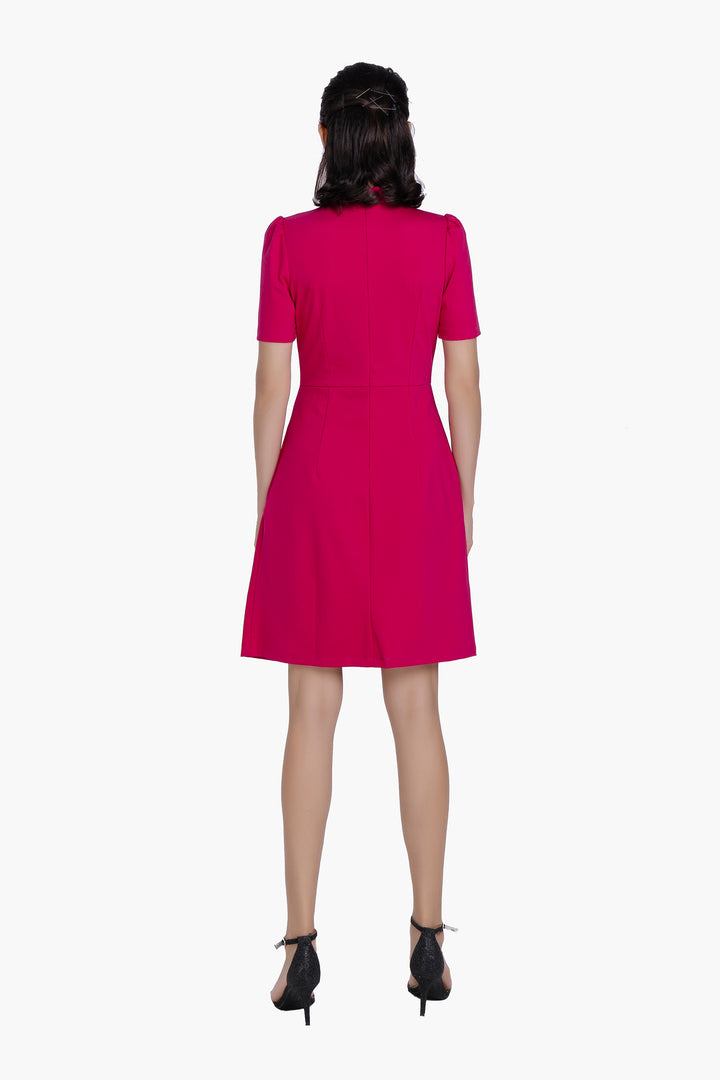 Elara Fuchsia Mock Neck Pleated Fit &amp; Flare Dress