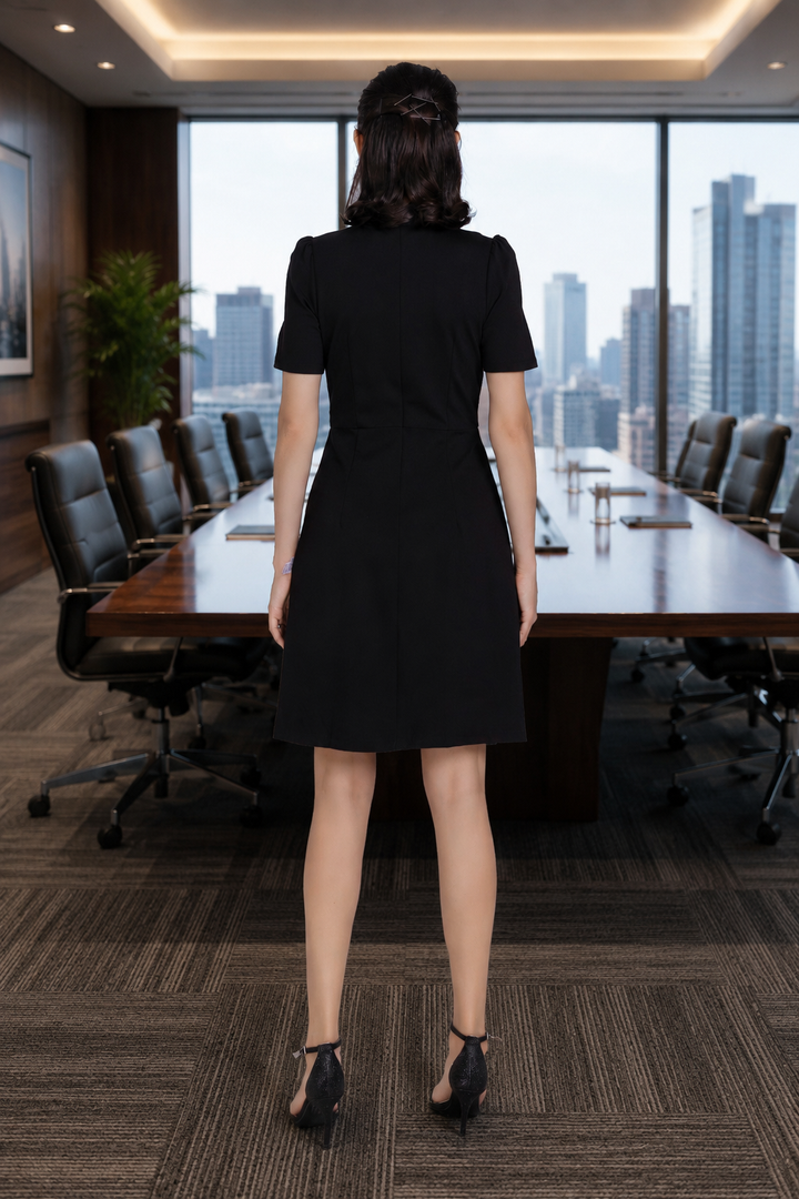 Women’s Elegant Black Mock Neck A-Line Work Dress, Short Sleeve Fit-and-Flare Business Casual Dress