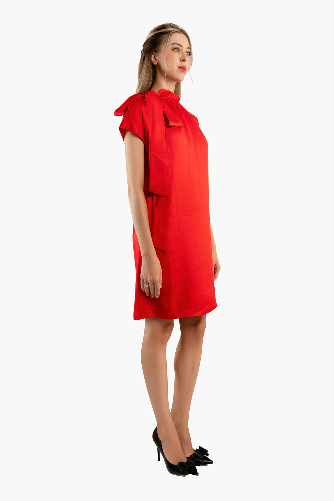 Red satin shift dress with bow on shoulder