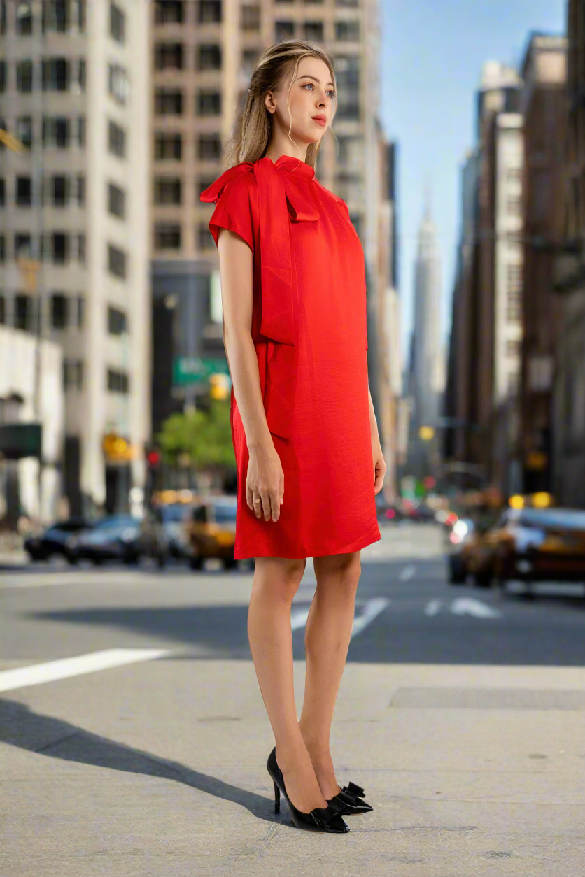 Red satin shift dress with bow on shoulder