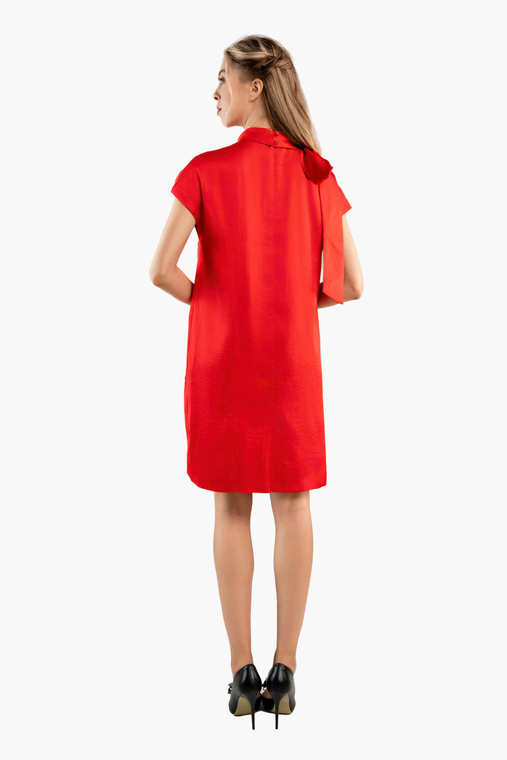 Red satin shift dress with bow on shoulder