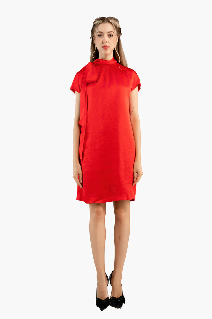 Red satin shift dress with bow on shoulder