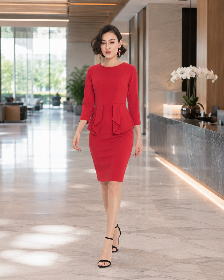 Women’s Red Peplum Pencil Dress with 3/4 Sleeves