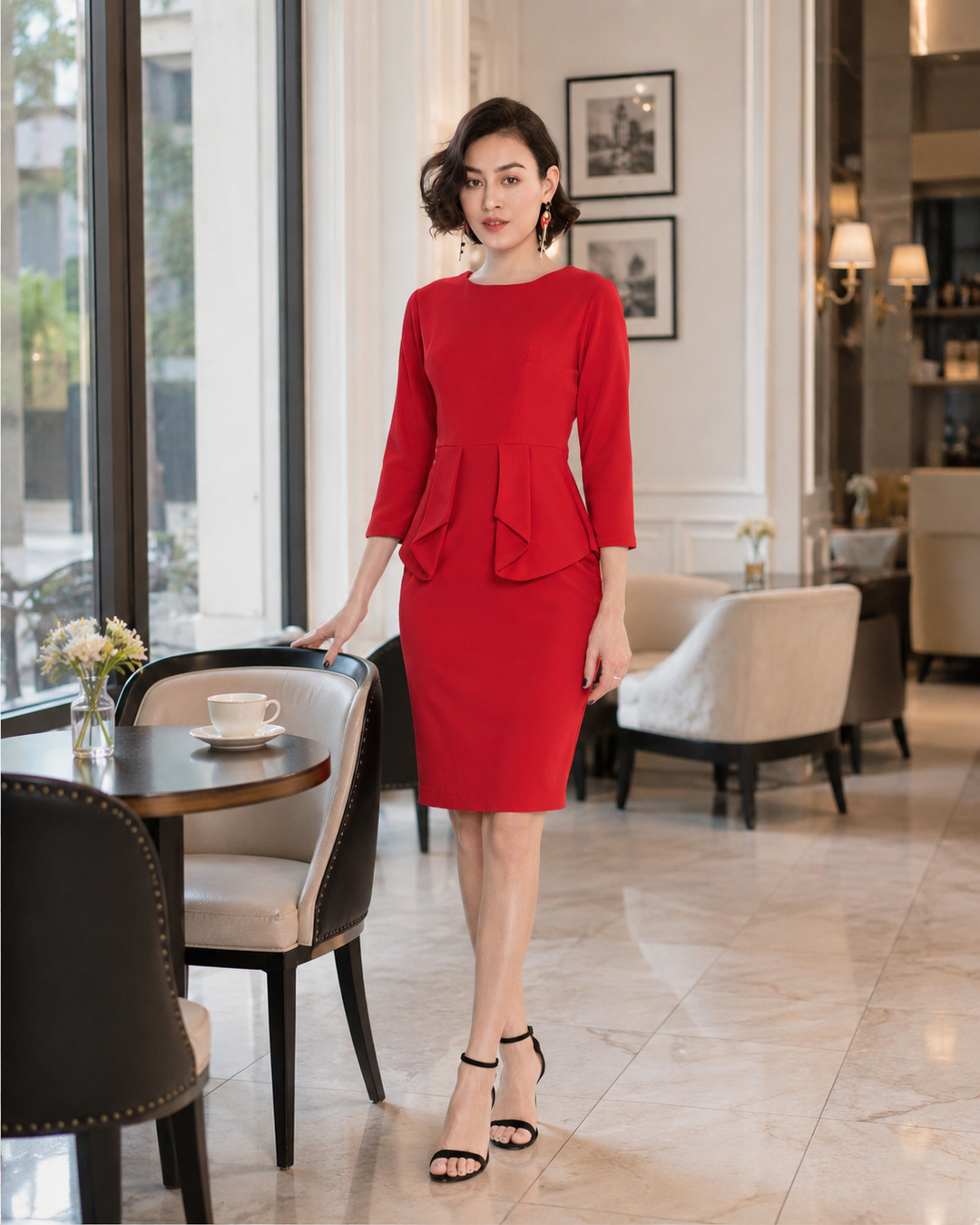 Women’s Red Peplum Pencil Dress with 3/4 Sleeves