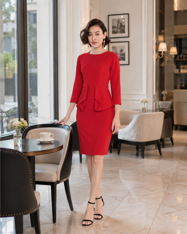 Women’s Red Peplum Pencil Dress with 3/4 Sleeves