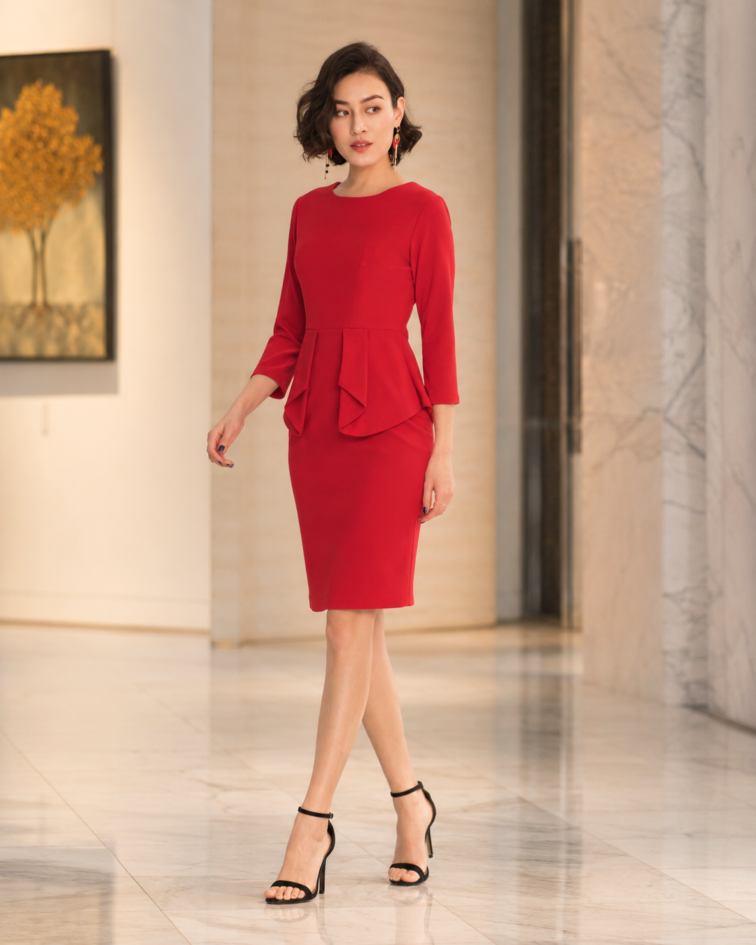 Women’s Red Peplum Pencil Dress with 3/4 Sleeves