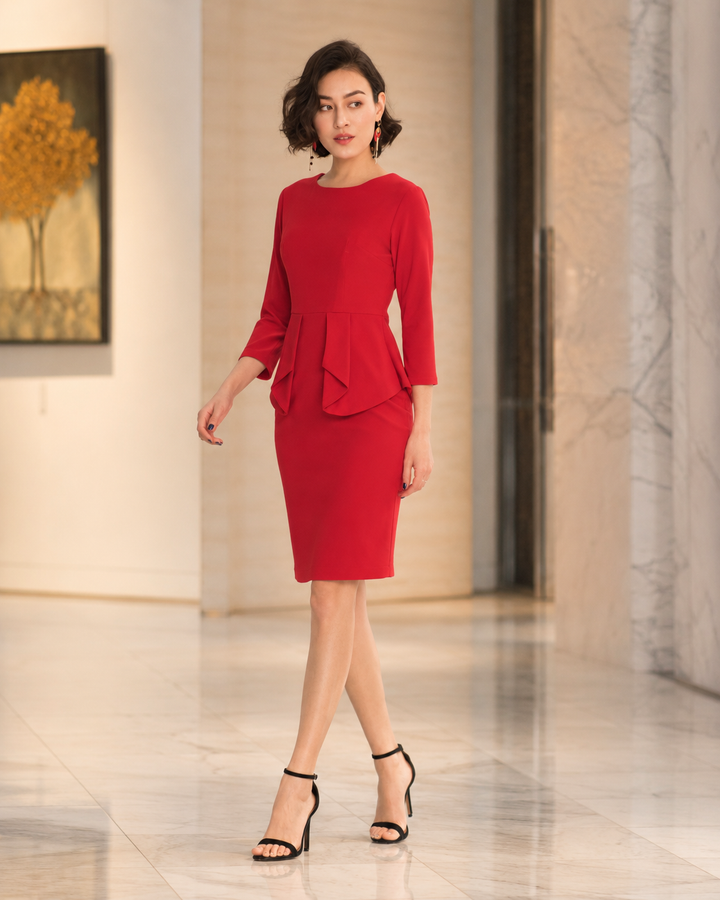 Women’s Red Peplum Pencil Dress with 3/4 Sleeves