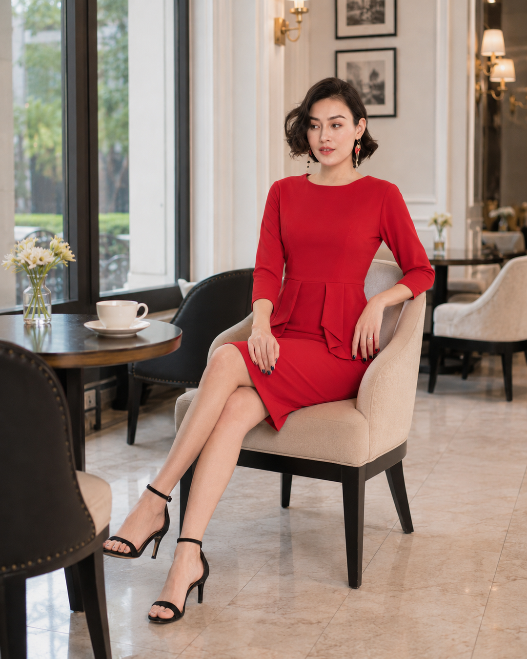 Women’s Red Peplum Pencil Dress with 3/4 Sleeves