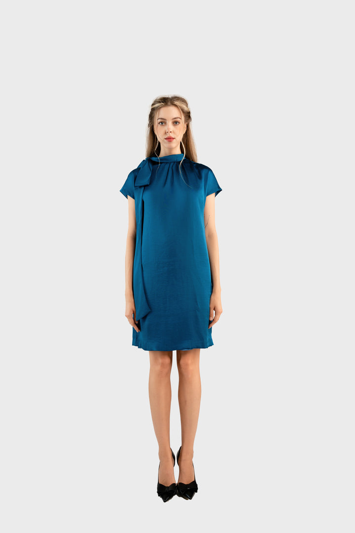 Blue satin shift dress with bow on shoulder