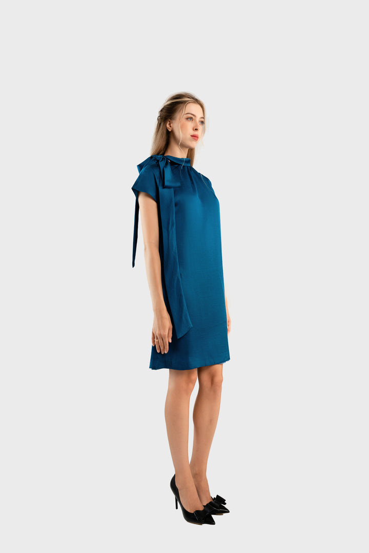 Blue satin shift dress with bow on shoulder