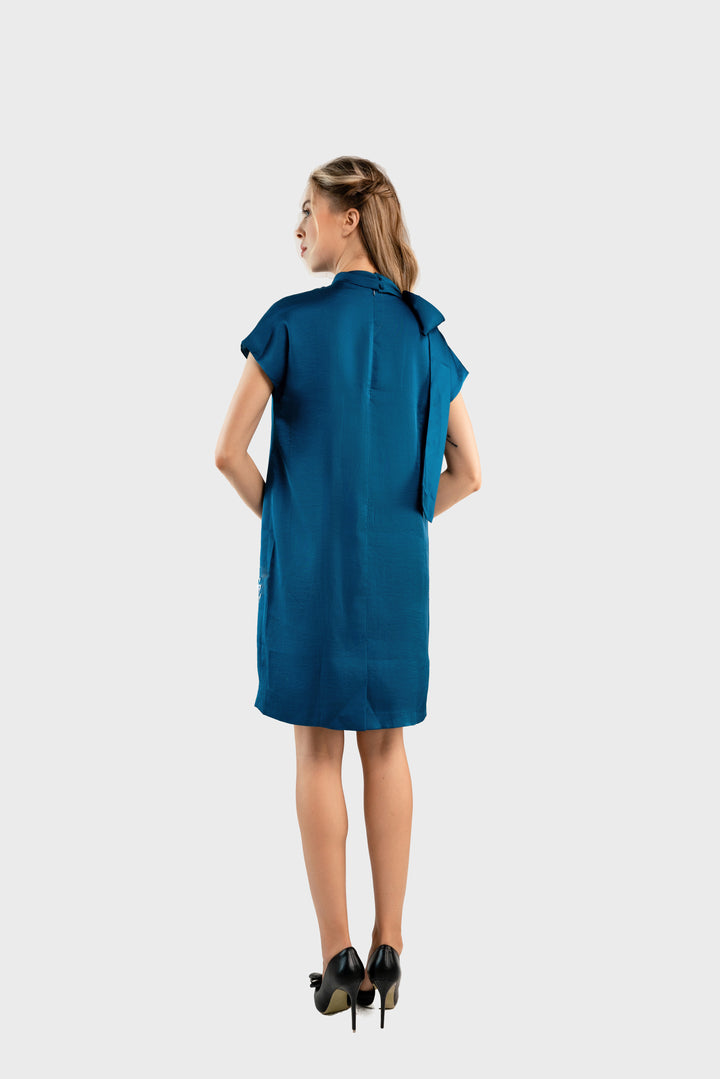 Blue satin shift dress with bow on shoulder