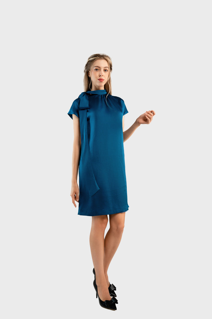 Blue satin shift dress with bow on shoulder