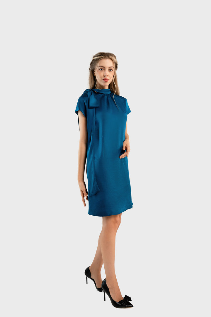 Blue satin shift dress with bow on shoulder