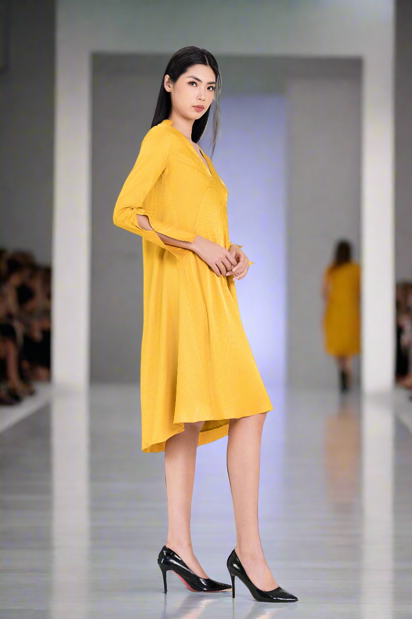 High-Low dress, loose fitting zipper-Yellow color