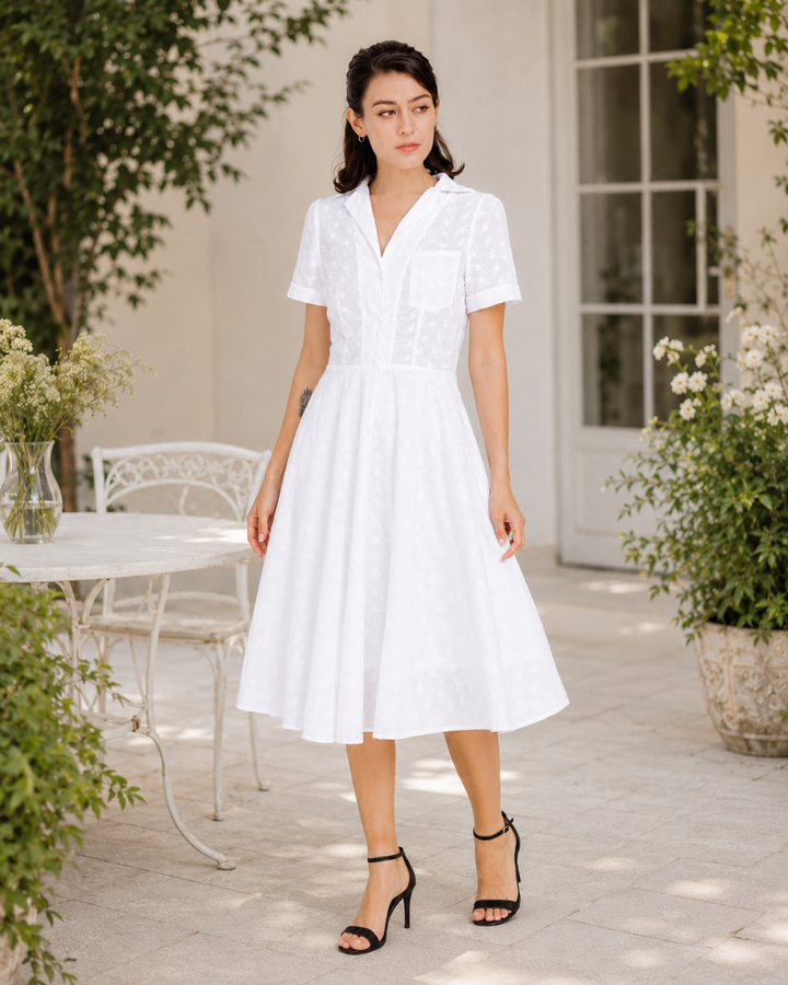 White Eyelet Fit-and-Flare Shirt Dress