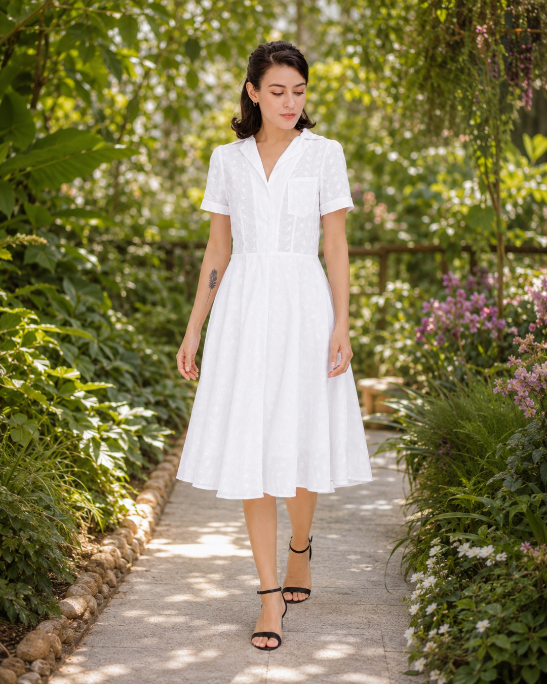 White Eyelet Fit-and-Flare Shirt Dress