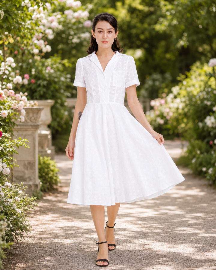 White Eyelet Fit-and-Flare Shirt Dress