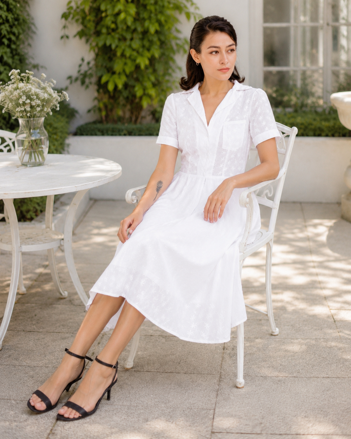 White Eyelet Fit-and-Flare Shirt Dress