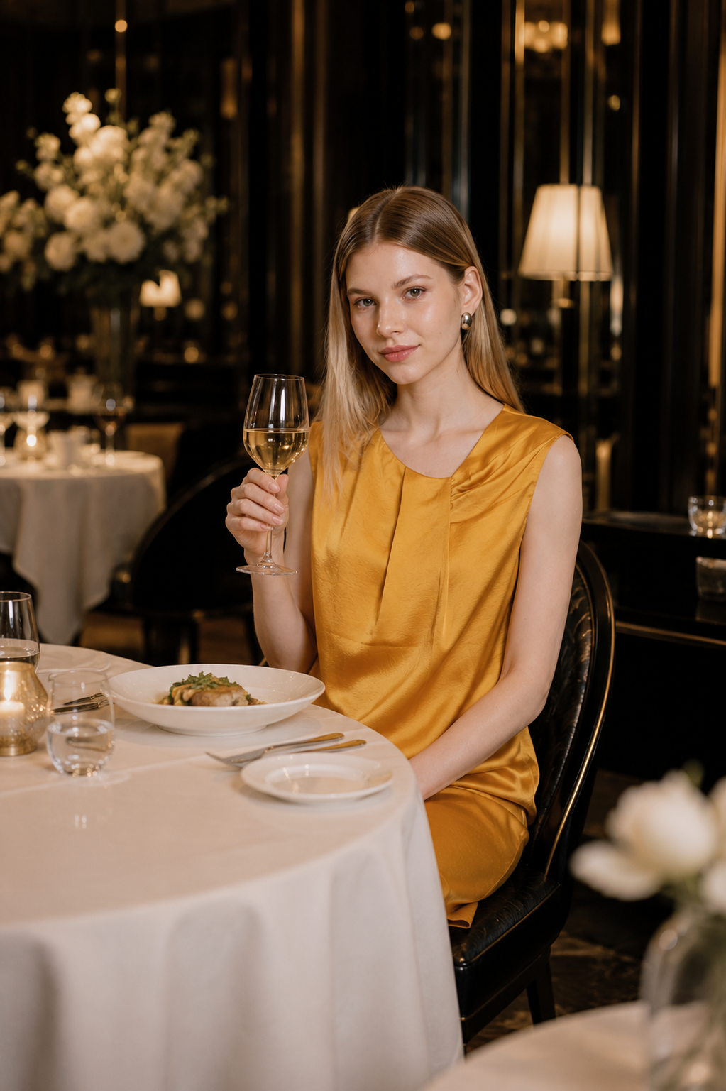 Asymmetric Pleated Satin Dress – Mustard Yellow