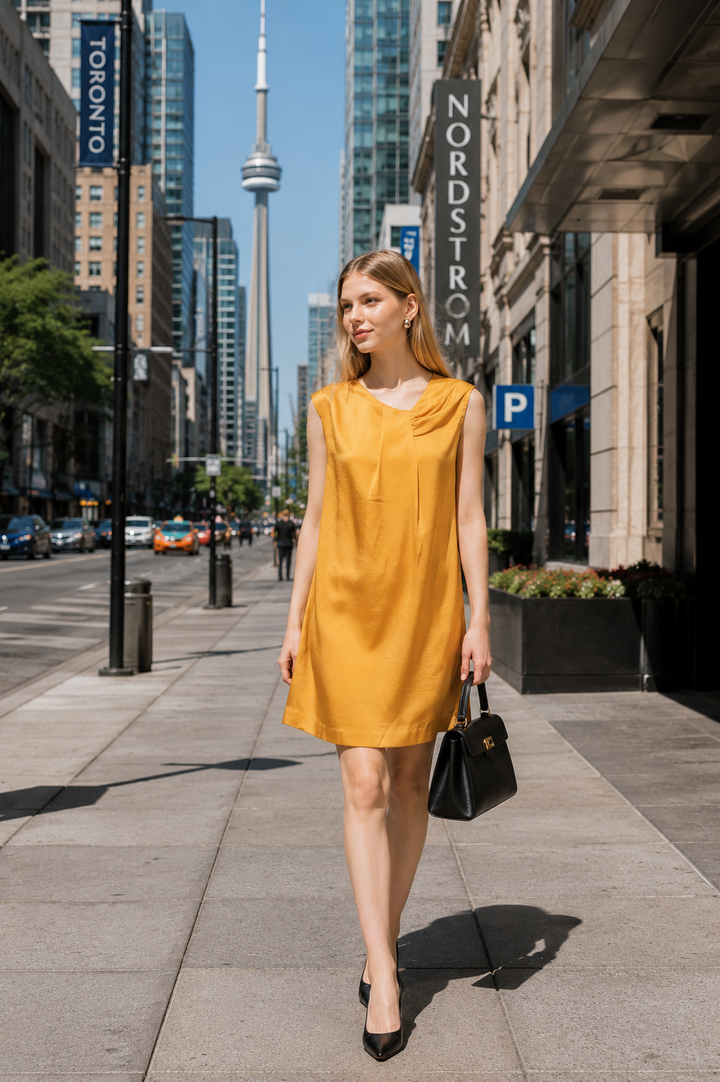 Asymmetric Pleated Satin Dress – Mustard Yellow