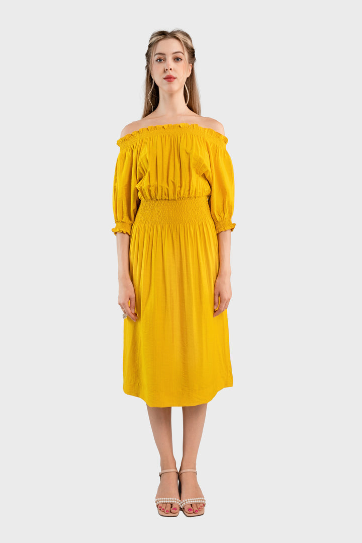 Off-the-shoulder midi dress-Yellow  color