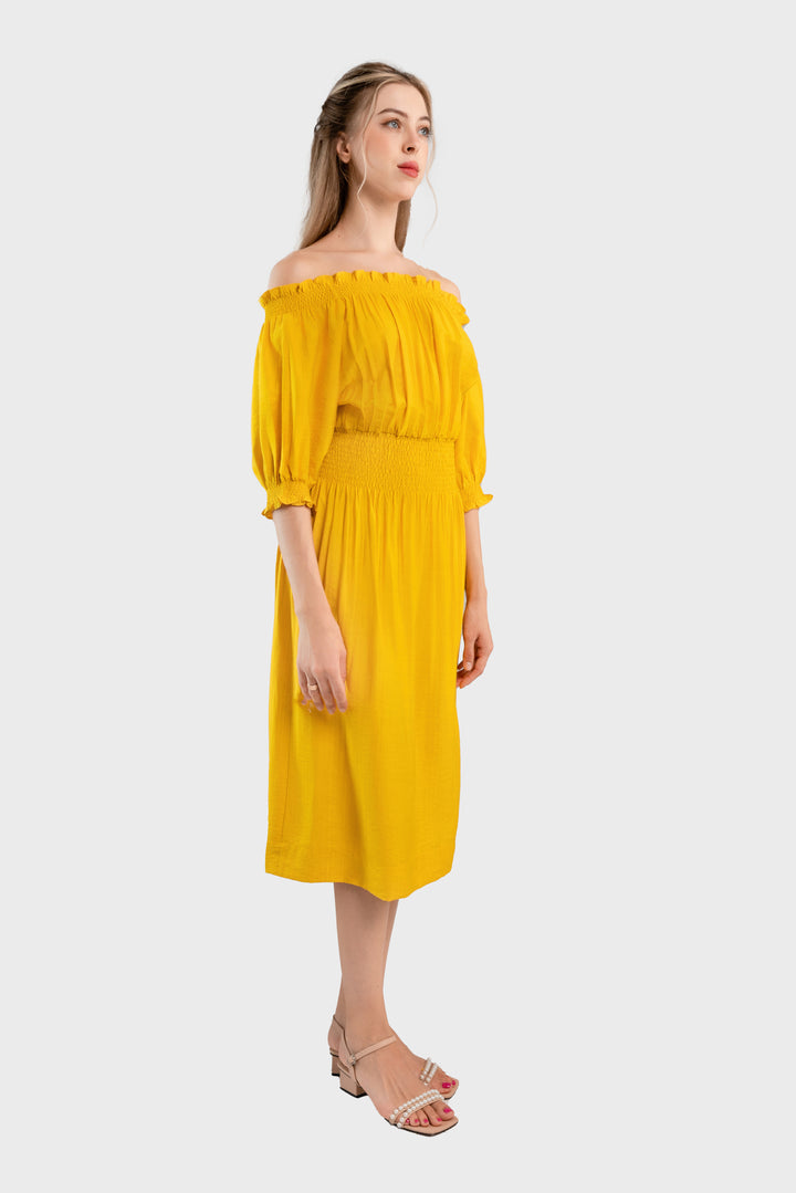 Off-the-shoulder midi dress-Yellow  color
