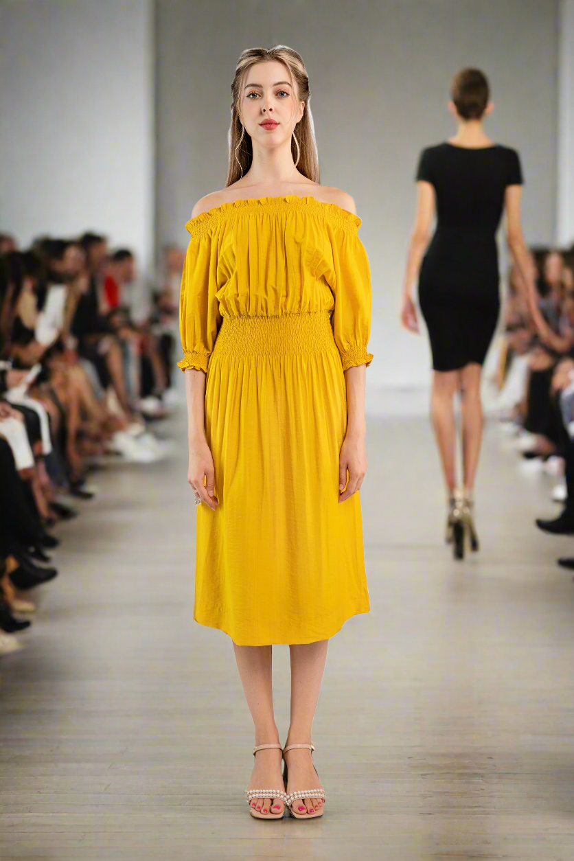 Off-the-shoulder midi dress-Yellow  color