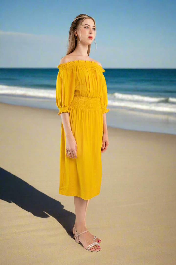 Off-the-shoulder midi dress-Yellow  color