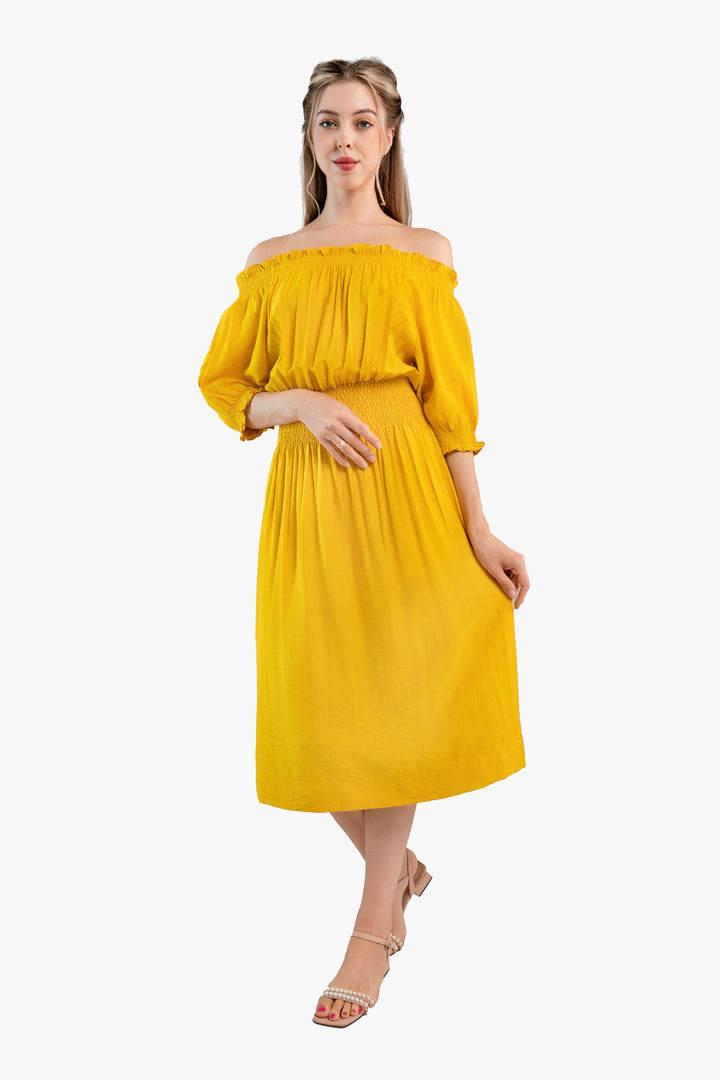 Off-the-shoulder midi dress-Yellow  color