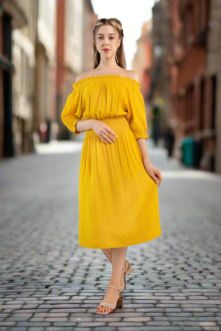 Off-the-shoulder midi dress-Yellow  color