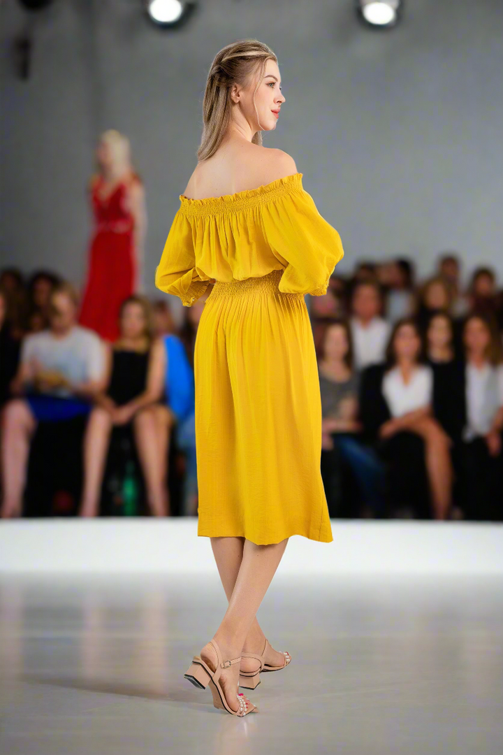 Off-the-shoulder midi dress-Yellow  color