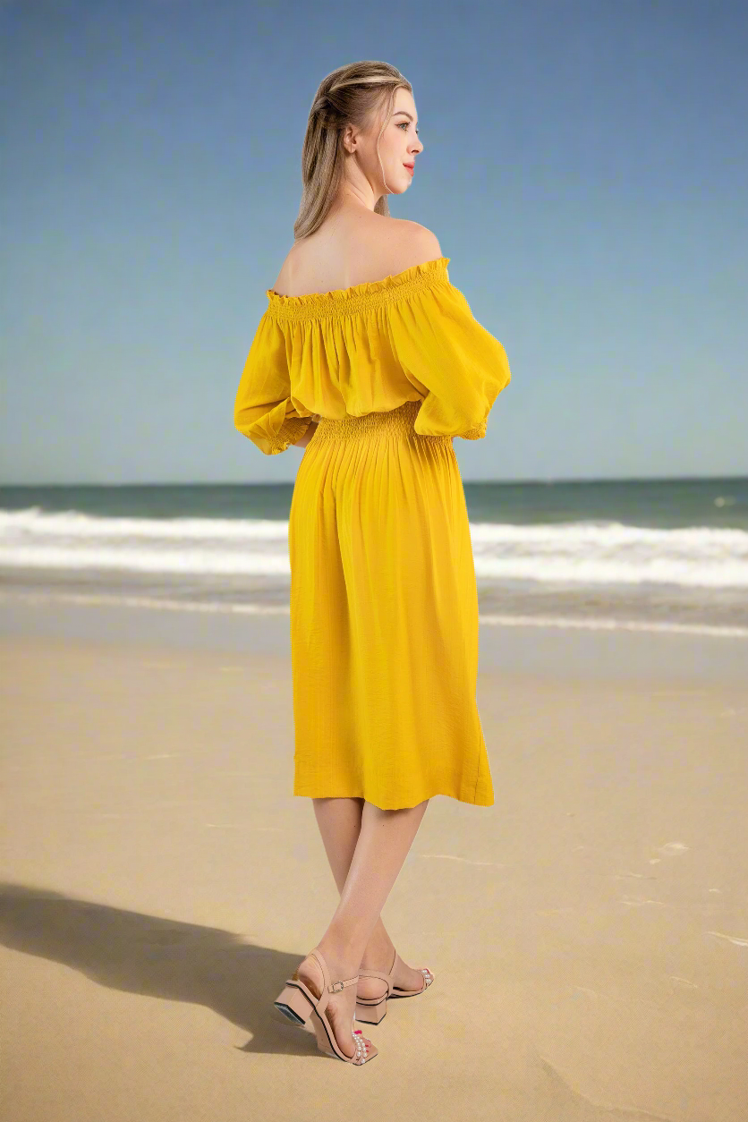 Off-the-shoulder midi dress-Yellow  color