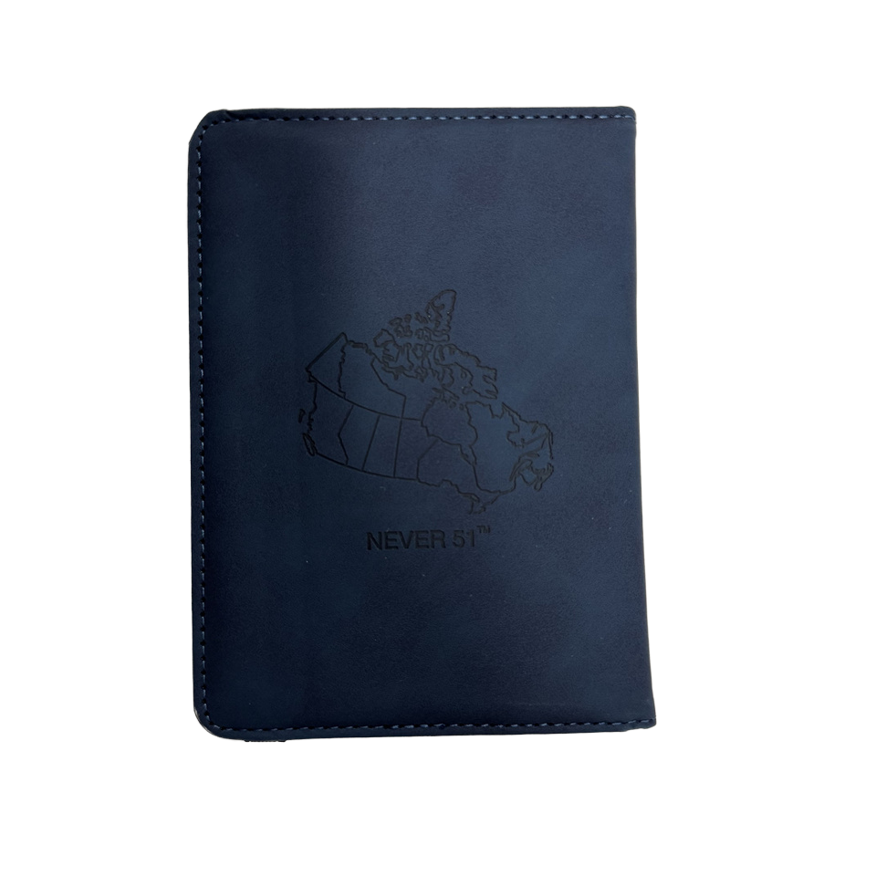 Passport holder with the Canadian border on the back and the slogan 'Never 51'-Navy Blue