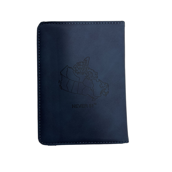 Passport holder with the Canadian border on the back and the slogan 'Never 51'-Navy Blue