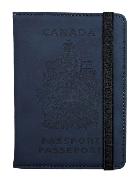 Passport holder with the Canadian border on the back and the slogan 'Never 51'-Navy Blue