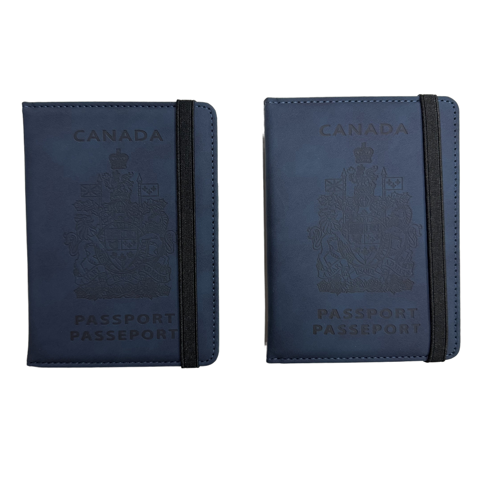 Passport holder with the Canadian border on the back and the slogan 'Never 51'-Navy Blue