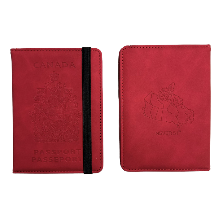Passport holder with the Canadian border on the back and the slogan 'Never 51'-Red