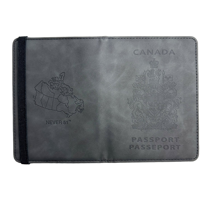 Passport holder with the Canadian border on the back and the slogan 'Never 51'-Grey